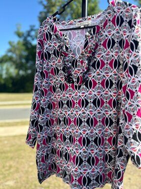 Evan Picone Print Tunic Top 2X Plus Size 3/4 Sleeve Flowy Blouse